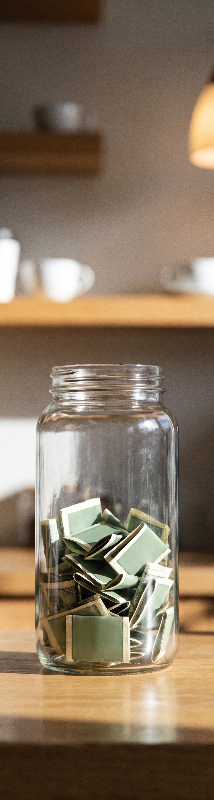 A glass jar of folded paper bills sits on a wooden coffee shop counter, with cups on a shelf blurred behind it.