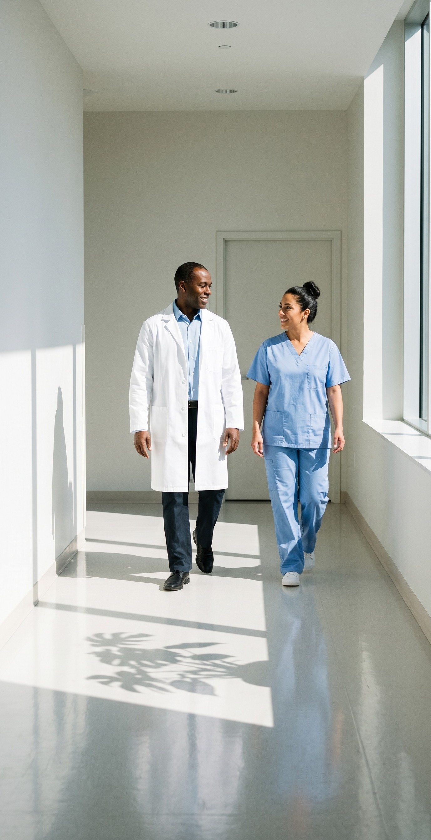 A doctor and a nurse walk side by side down a bright hospital corridor, smiling as they talk.