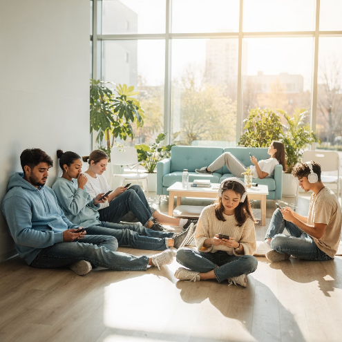Six college students sit on a sunny lounge floor and a sofa, each looking at a phone.