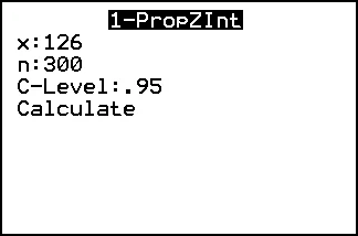 The TI-84 Plus 1-PropZInt screen with x 126, n 300 and C-Level 0.95, and Calculate.