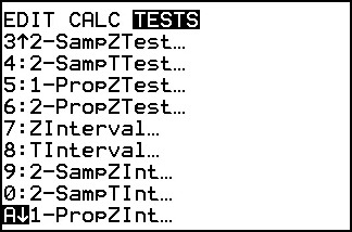 The TI-84 Plus STAT TESTS menu, scrolled down to A: 1-PropZInt, which is selected.