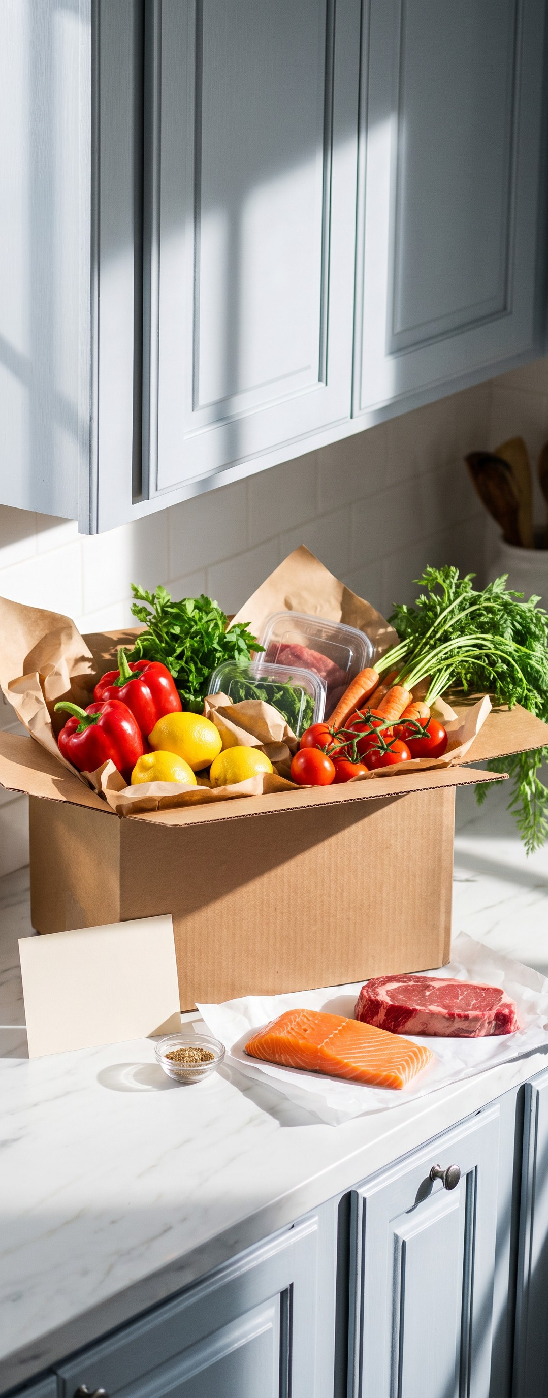 An open cardboard delivery box of fresh vegetables on a kitchen counter, with a salmon fillet, a steak and a blank card beside it.