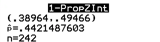 A TI-84 Plus 1-PropZInt result screen: (.38964,.49466), p-hat = .4421487603, n = 242.