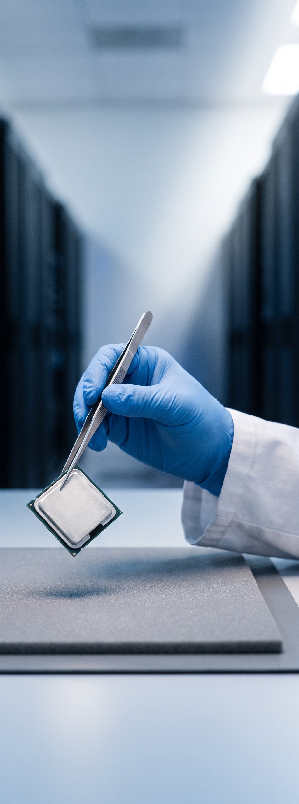 A technician's gloved hand uses tweezers to hold a square processor chip above a foam mat on a lab bench, with rows of server racks blurred in the background of a data center.