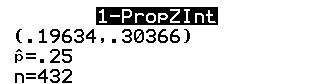 A TI-84 Plus 1-PropZInt result screen: (.19634,.30366), p-hat = .25, n = 432.
