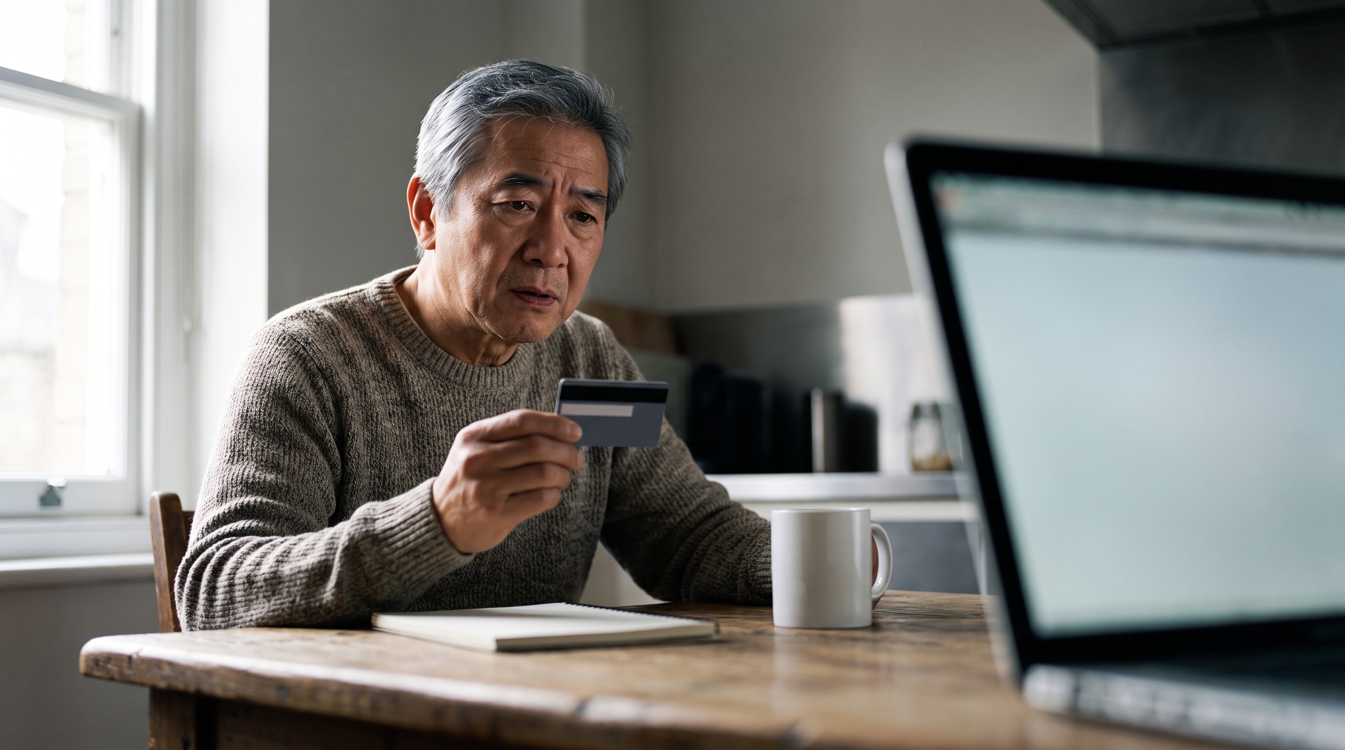 An older man at a kitchen table holds up a payment card and frowns at his laptop.
