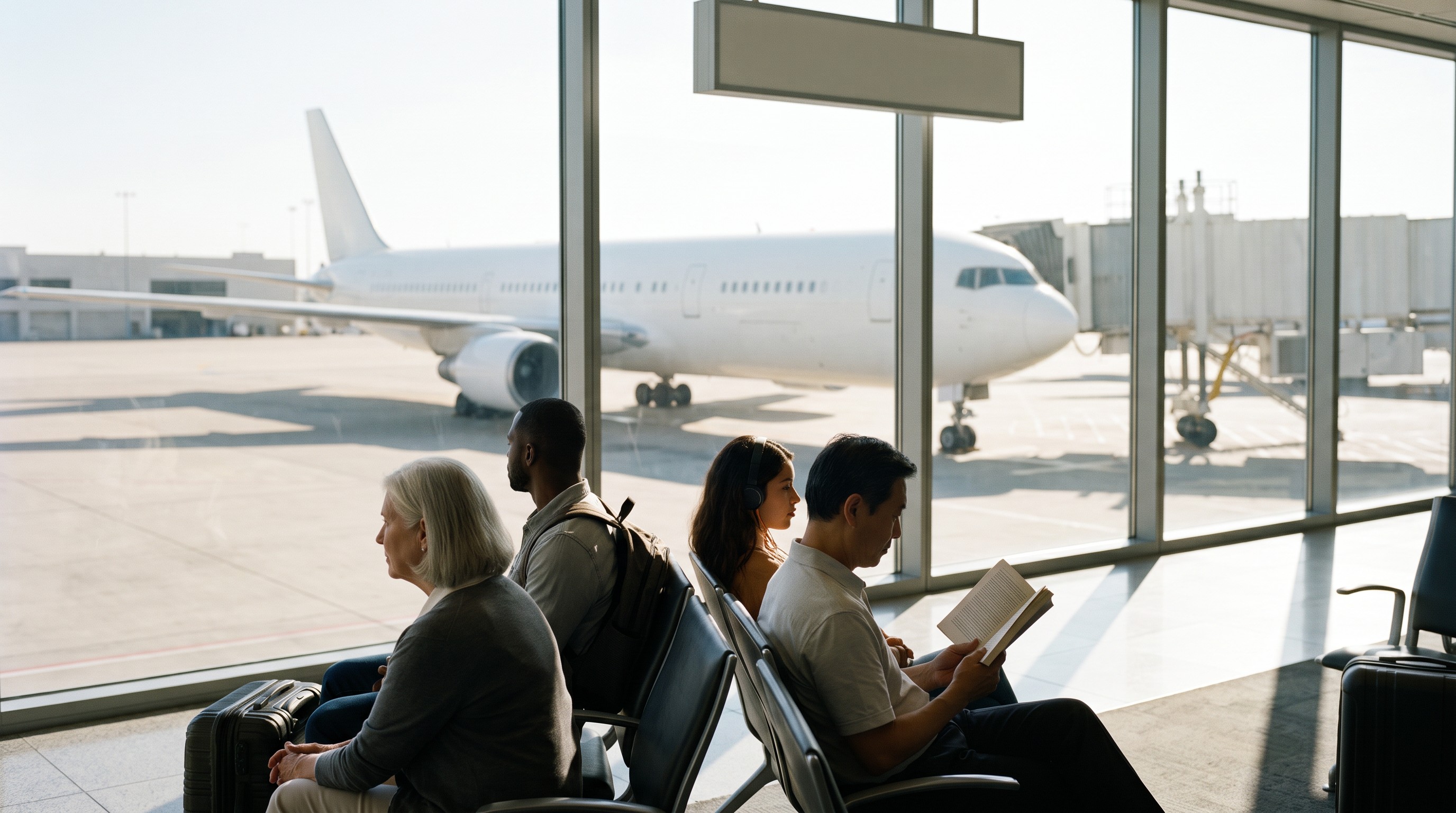 Four travelers wait in a row of seats at an airport gate, one reading a book, while a plane sits outside the window.