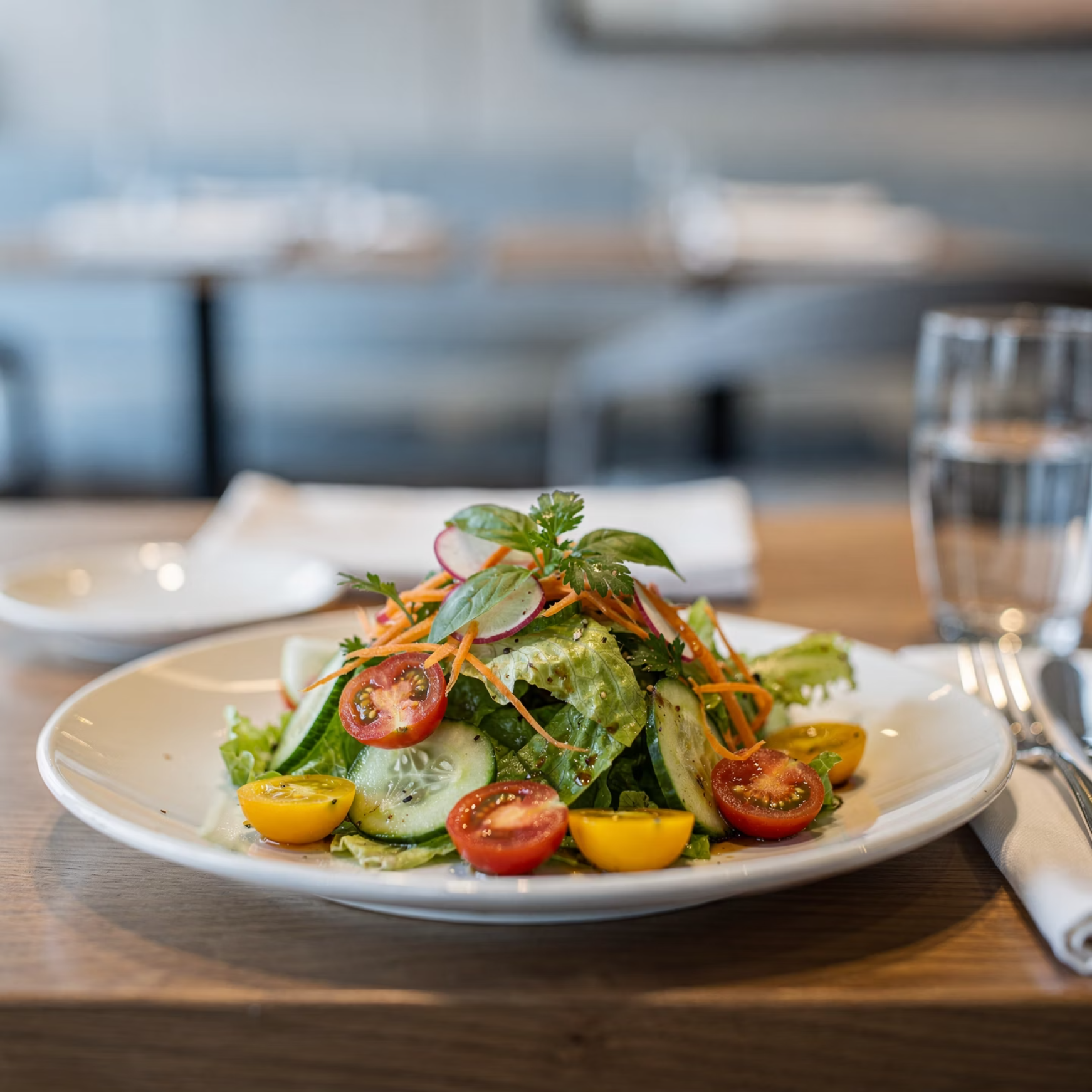 A plated garden salad of lettuce, cucumber, cherry tomatoes, shredded carrot and radish on a restaurant table.
