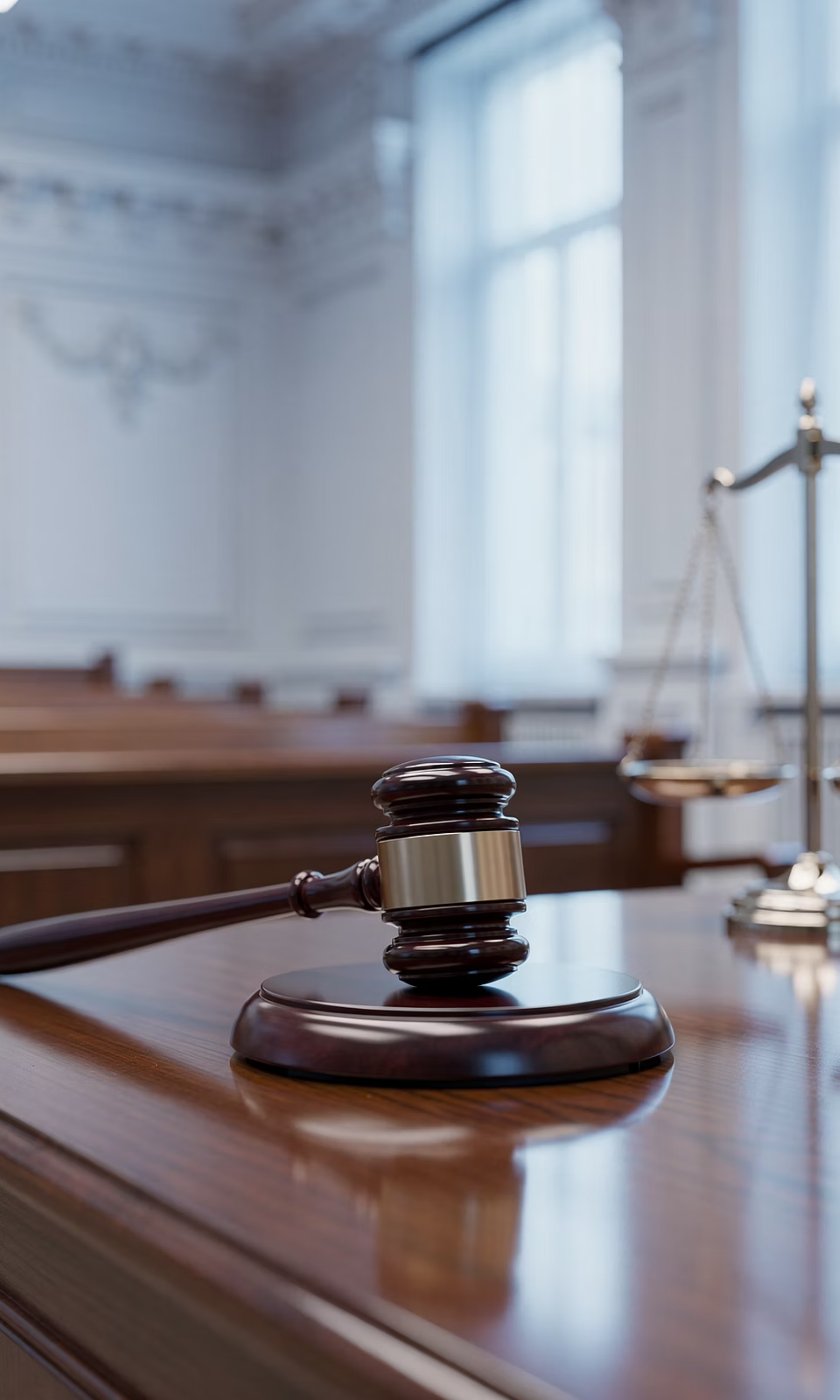 A gavel rests on its block on a polished courtroom bench, with the scales of justice beside it.