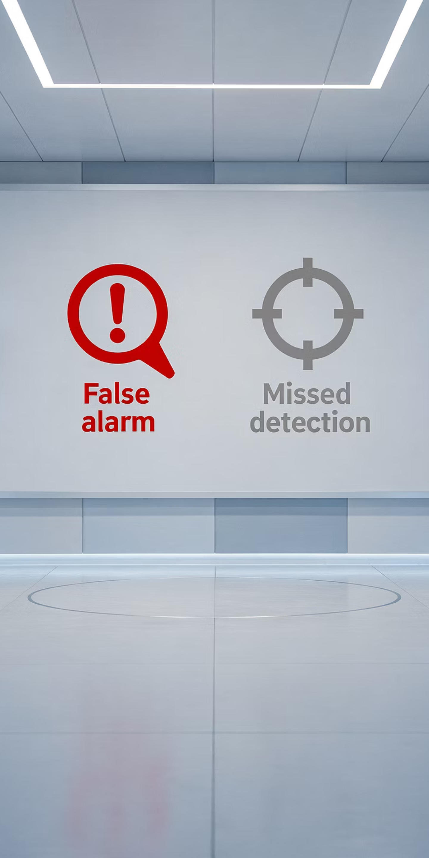 One wall panel with two labeled symbols: an exclamation mark in a magnifying glass labeled False alarm, and a crosshair labeled Missed detection.