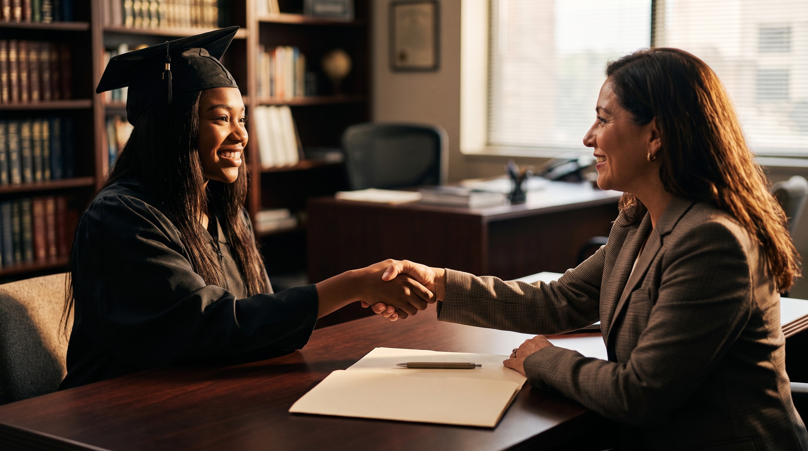 A smiling graduate in cap and gown shakes hands across a desk with a woman in a blazer, in an office lined with books.