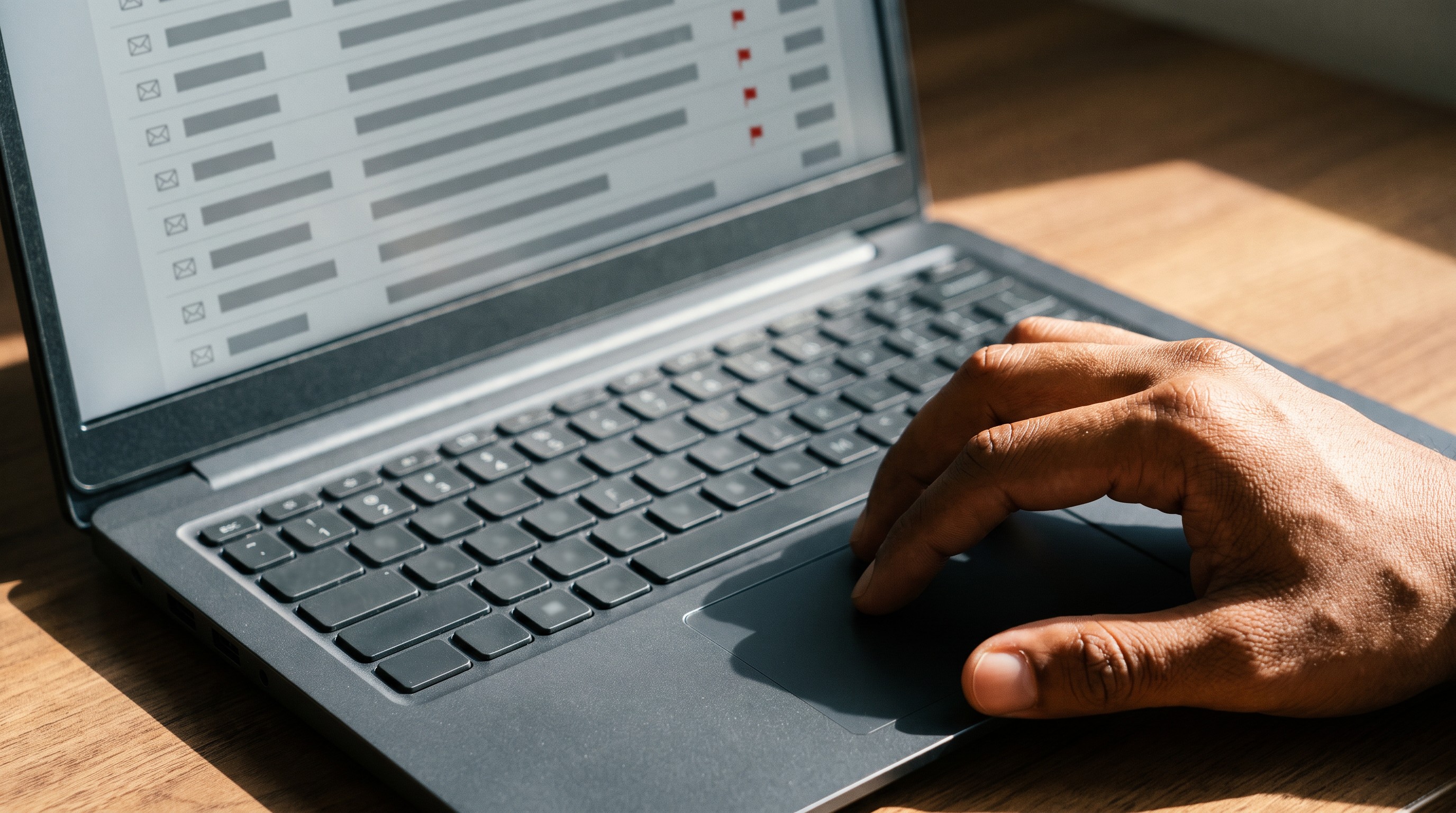 A hand rests on a laptop's touchpad; the screen shows an inbox list with a few of the messages flagged.