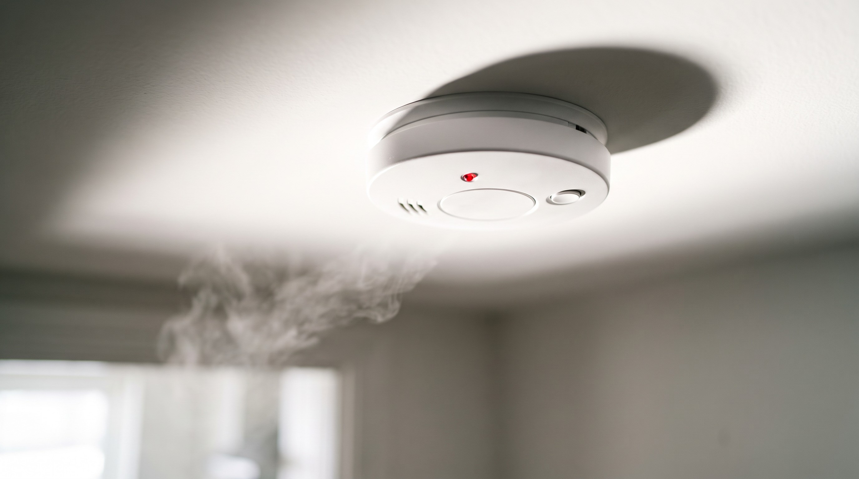 A smoke detector on a ceiling, with a thin wisp of smoke drifting below it.