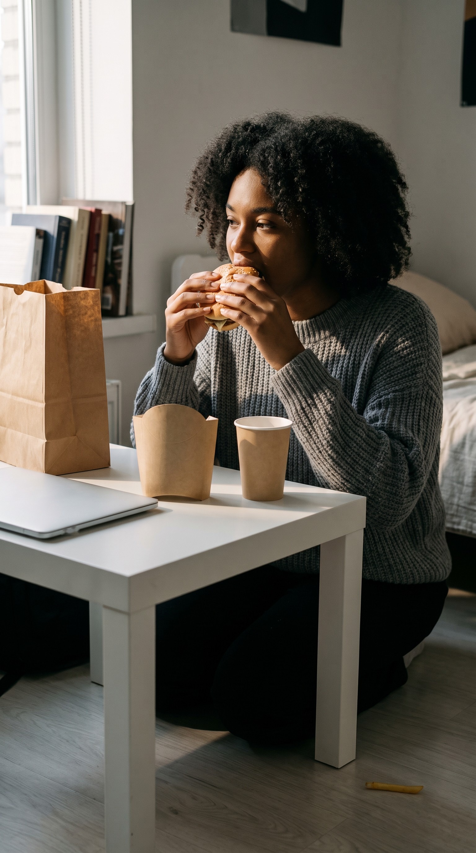 A young woman with curly hair eats a burger at a low table in a dorm room, a paper bag, a fry container and a cup beside her, while a single fry lies on the floor nearby.