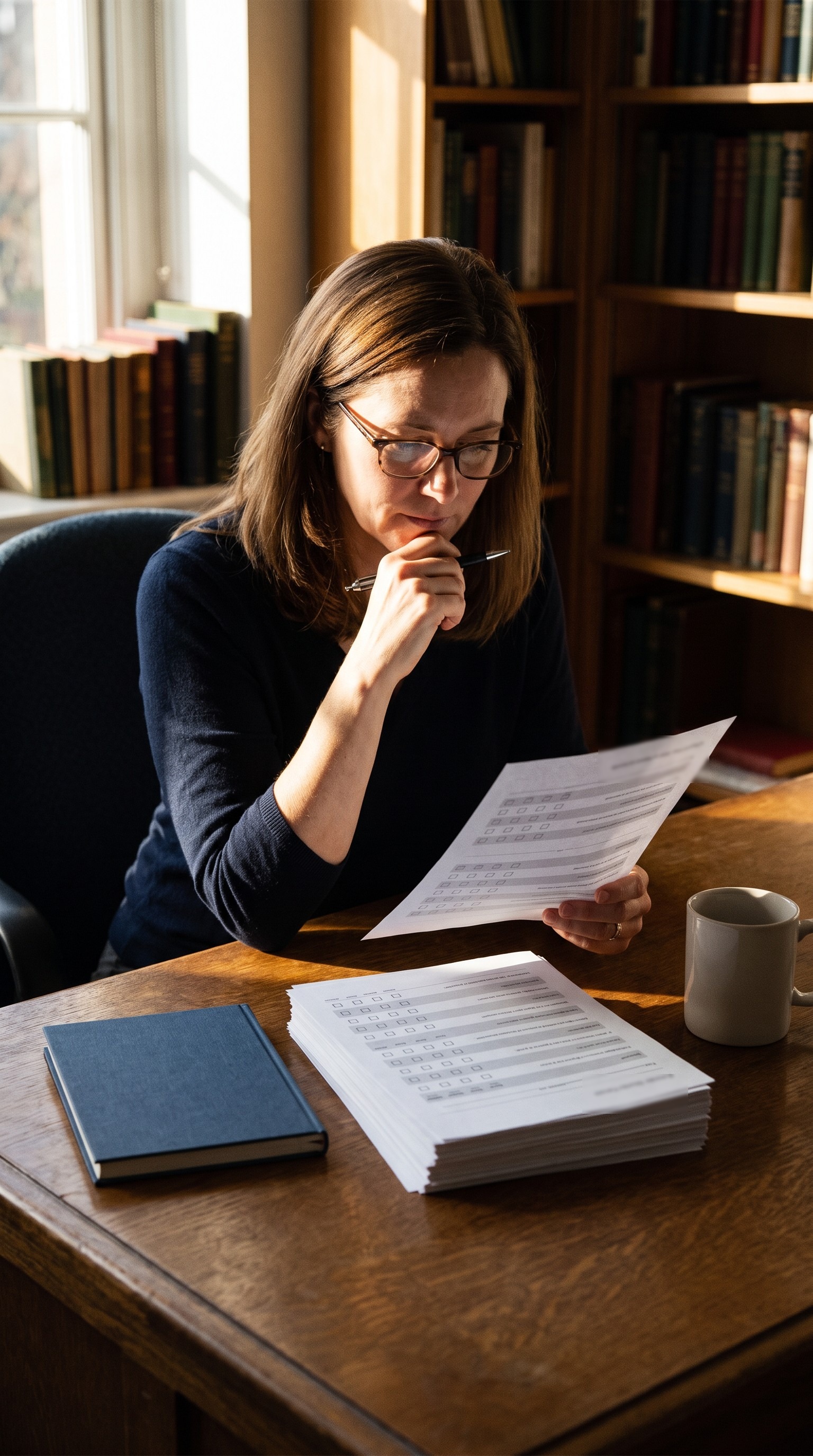 A woman in glasses sits at a wooden desk with a pen at her chin, reading a completed survey form, with a stack of surveys and a mug in front of her and bookshelves behind.