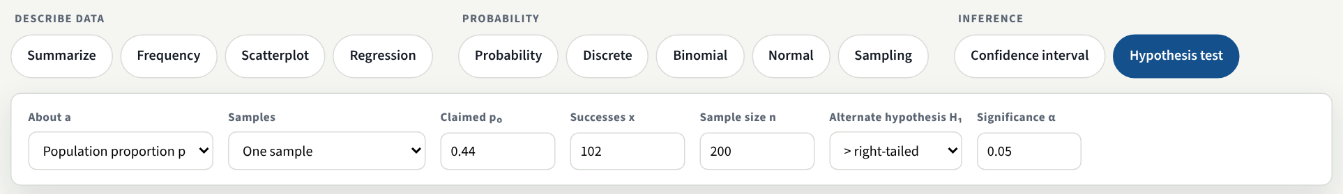 The same form filled in: claimed p naught 0.44, successes x 102, sample size n 200, the alternate hypothesis set to greater than, right-tailed, and significance alpha 0.05.