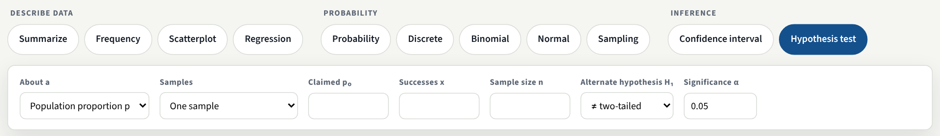 The Statistics Calculator with the Hypothesis test tool chosen, About a set to Population proportion p and Samples set to One sample, before the sample's values are entered.