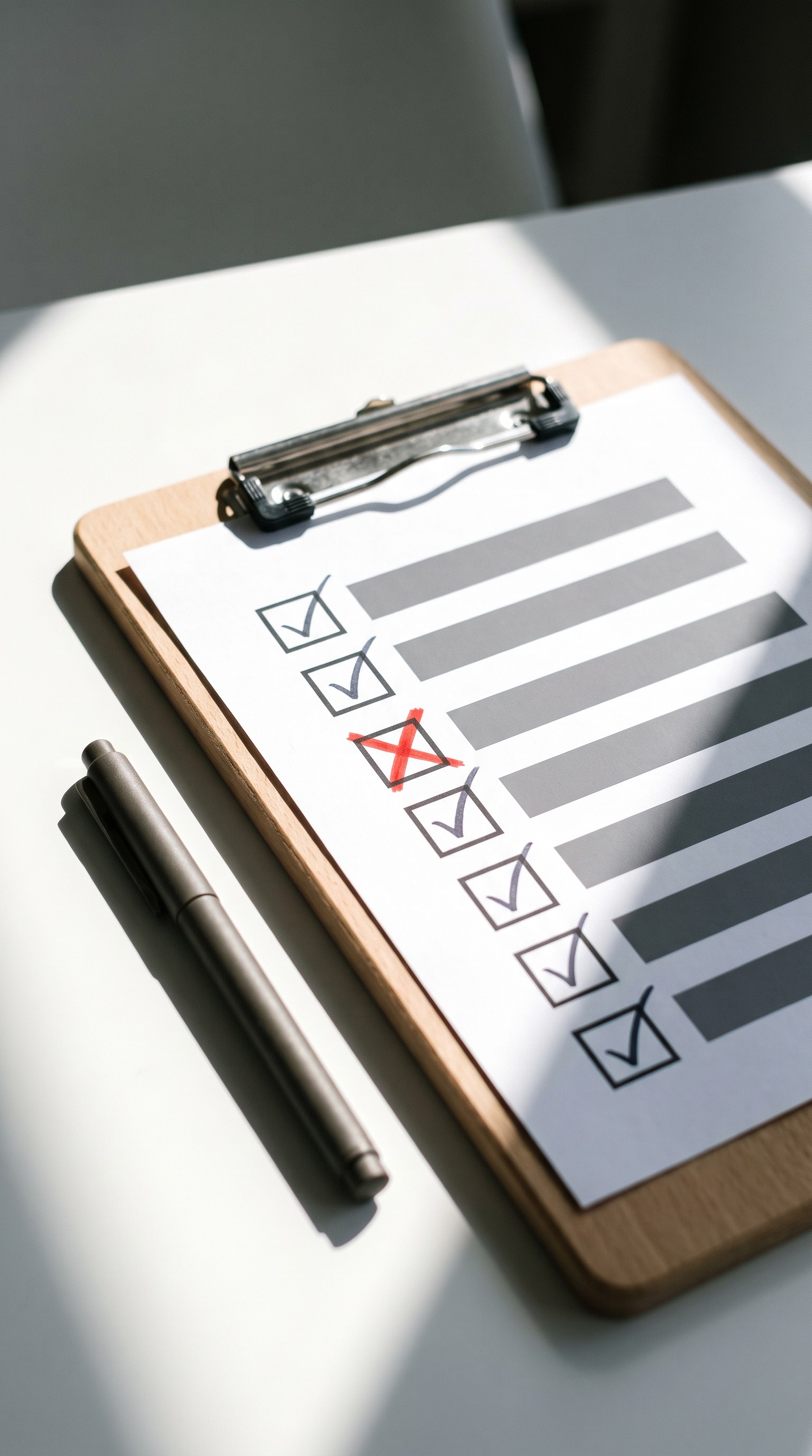 A checklist on a clipboard with seven boxes down the page, every one ticked except the third, which is marked with an X, and a pen lying beside it.