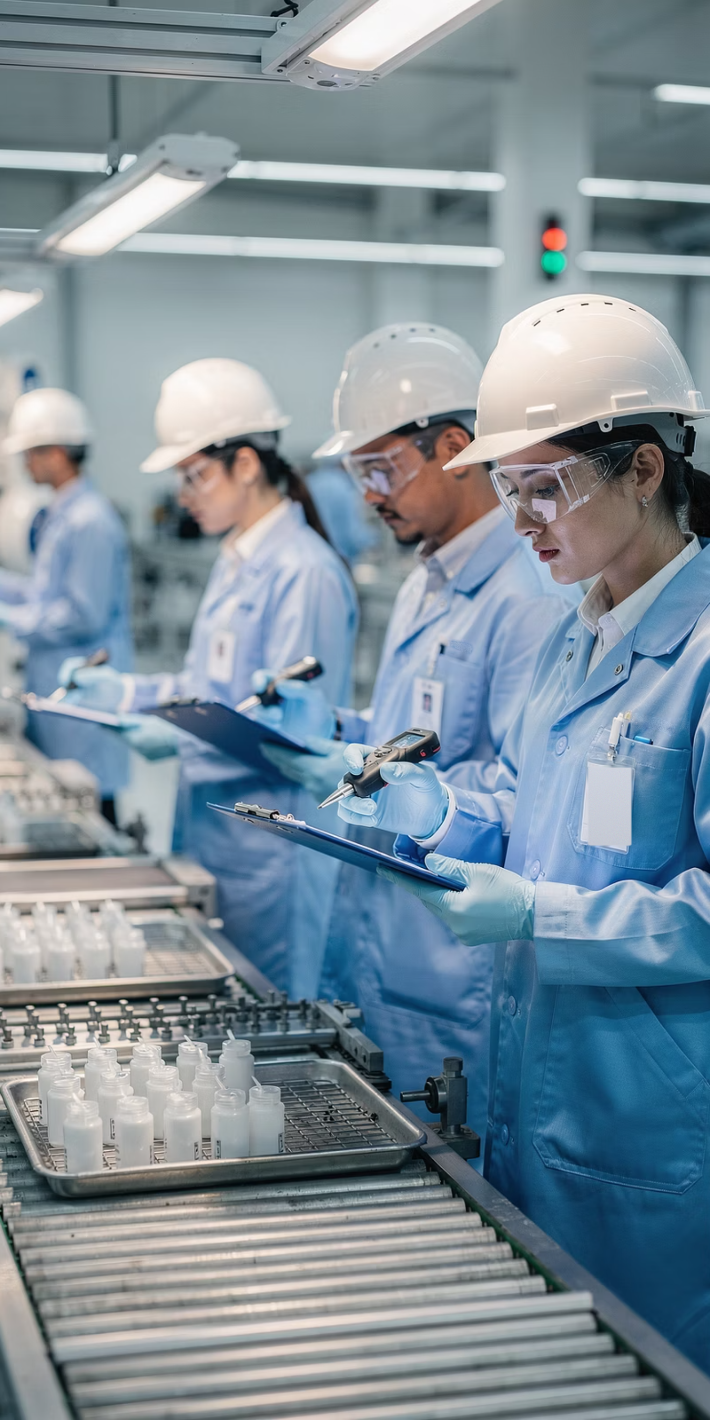 Inspectors in hard hats, safety glasses and lab coats stand along a production line, checking trays of small bottles and noting results on clipboards.
