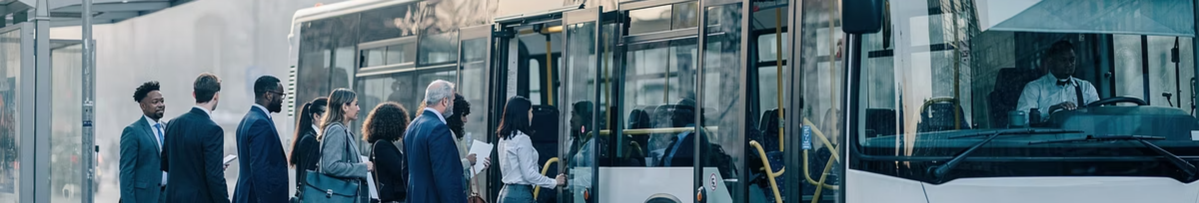 A line of commuters in work clothes boards a city bus at a stop, with the driver at the wheel.