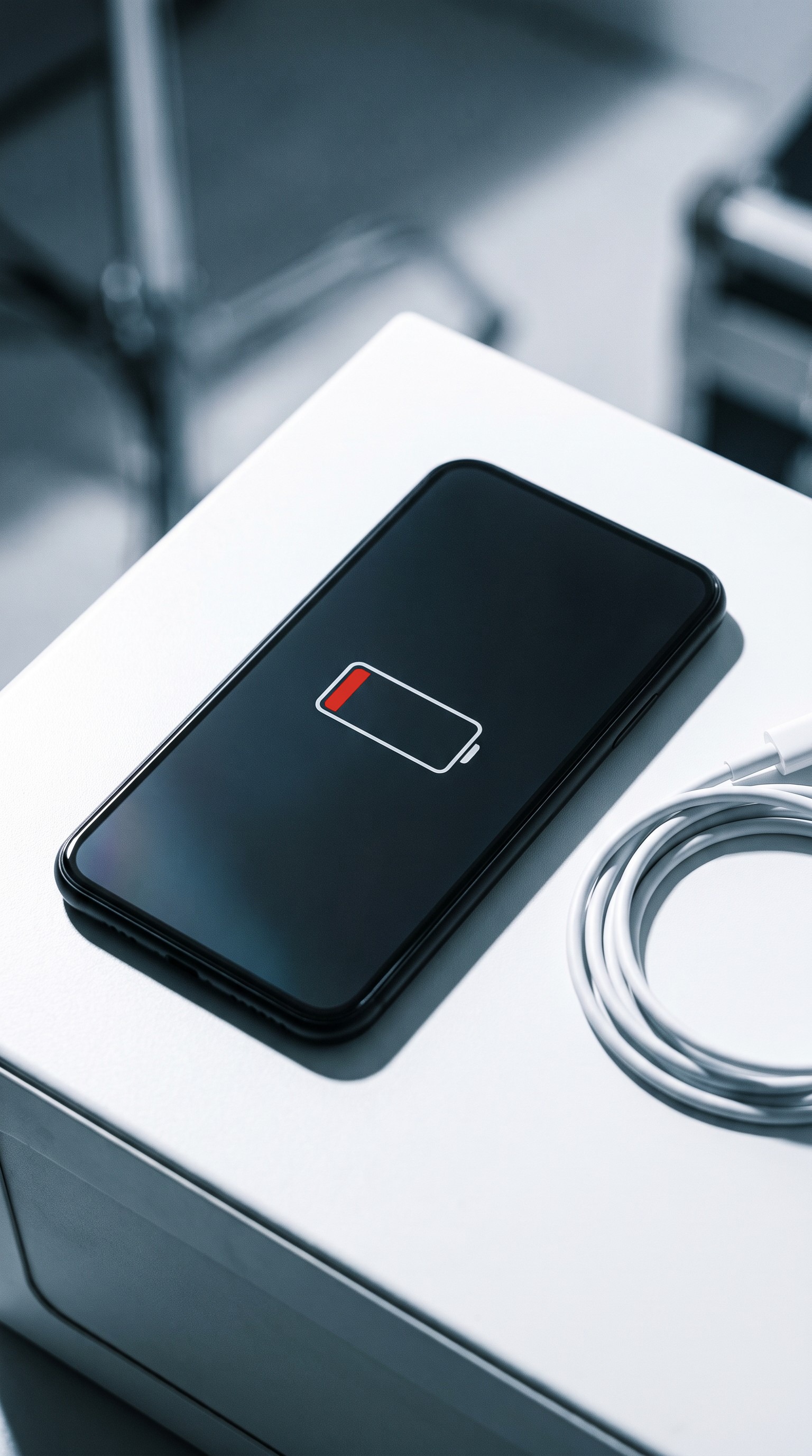 A smartphone lies on a table beside a coiled charging cable, its screen showing a nearly empty battery icon.