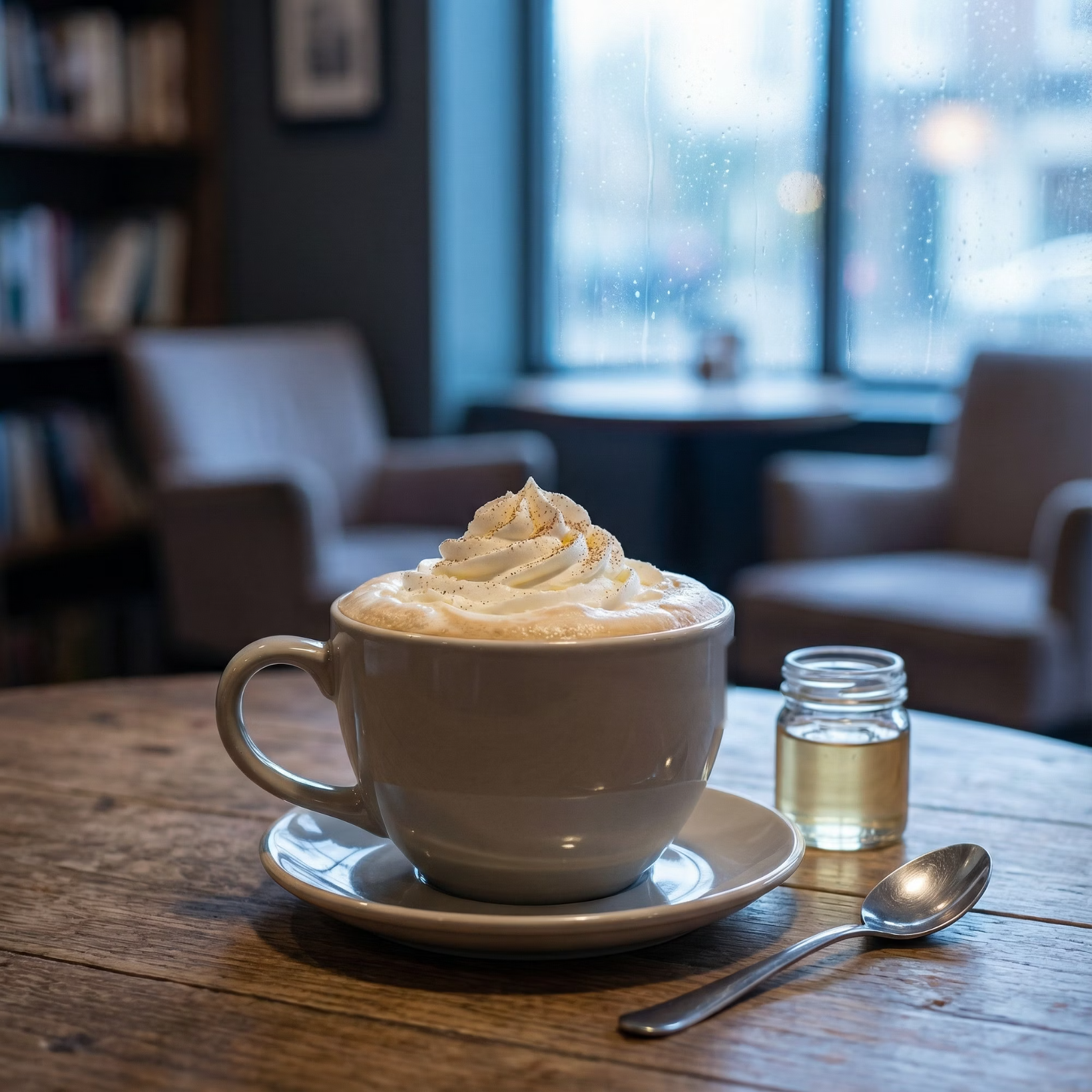 A large cup of latte topped with whipped cream sits on a saucer on a wooden coffee shop table, beside a small jar of syrup and a spoon.