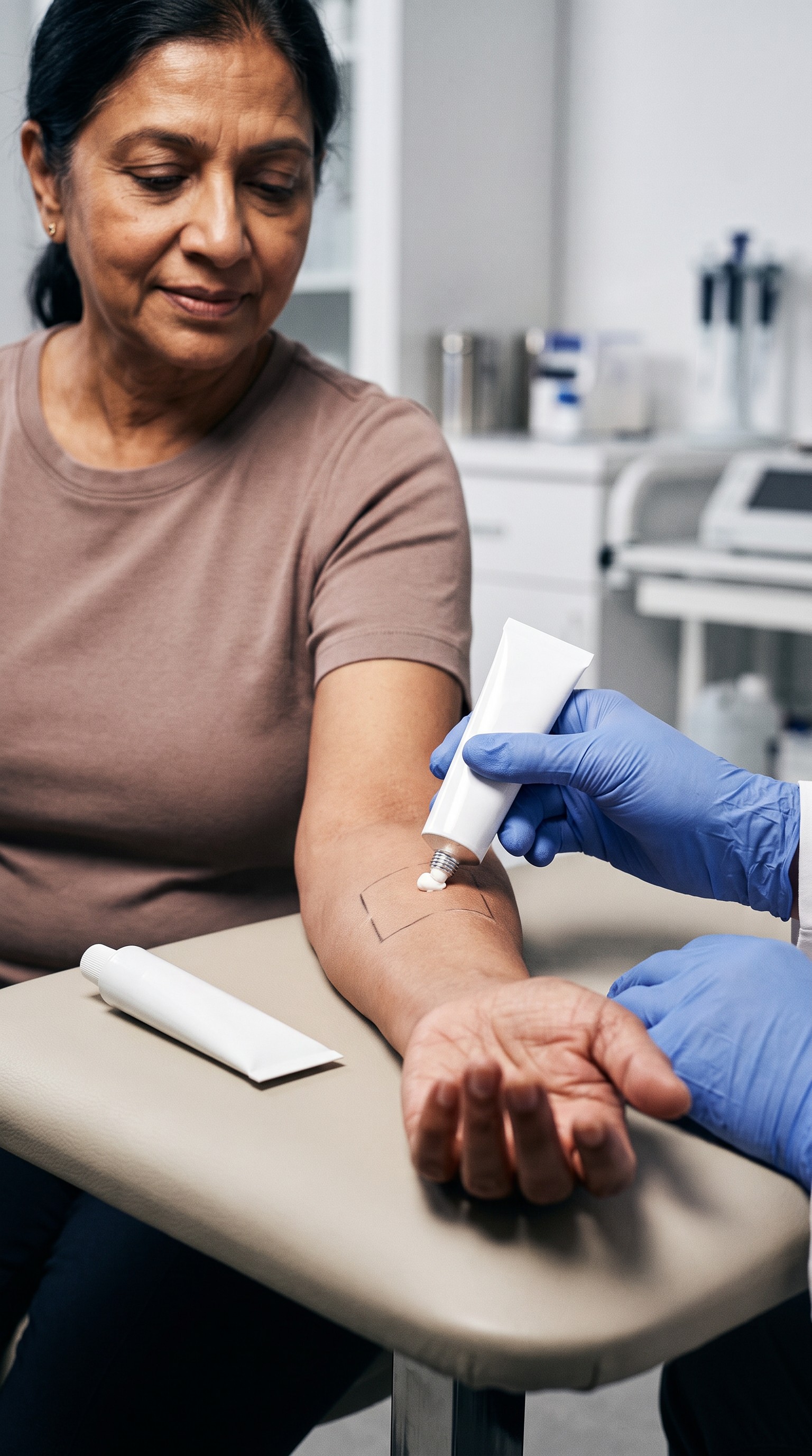A gloved technician squeezes ointment from a tube onto a square marked on a seated woman's forearm, as she watches.