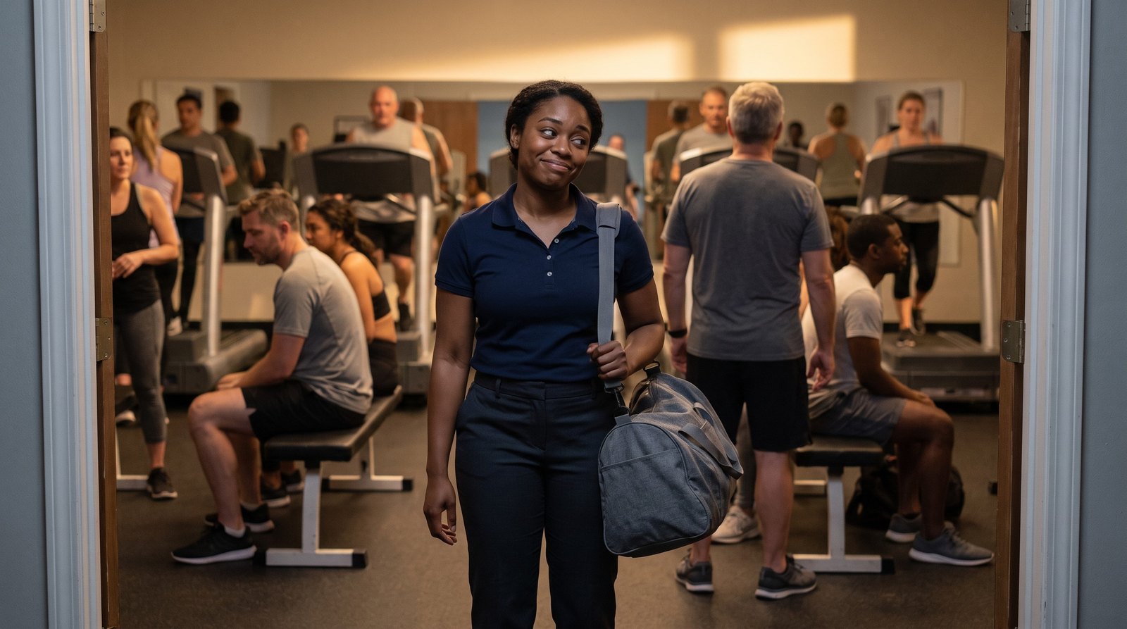 A young woman in a plain work polo, a duffel bag on her shoulder, stands in the doorway of a packed gym after work with a wry half-smile, while people fill every treadmill and bench behind her.