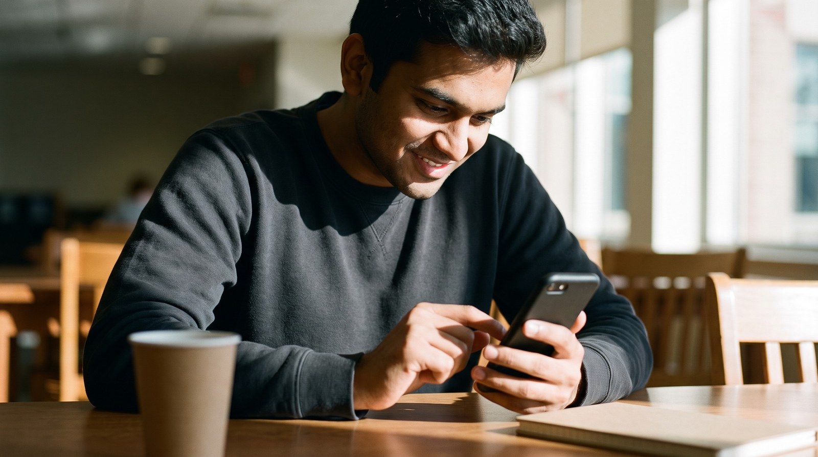 A college student sits at a table in a sunlit study lounge, holding his phone in one hand and tapping it with the other, leaning in with a focused grin.